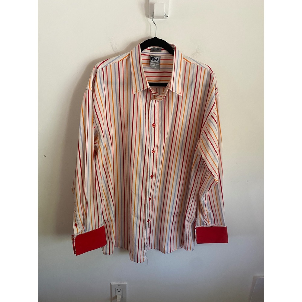 Dream USA Mens 2XL Multi Color Vertical Stripe Button Down Shirt Red Cuffs Korea